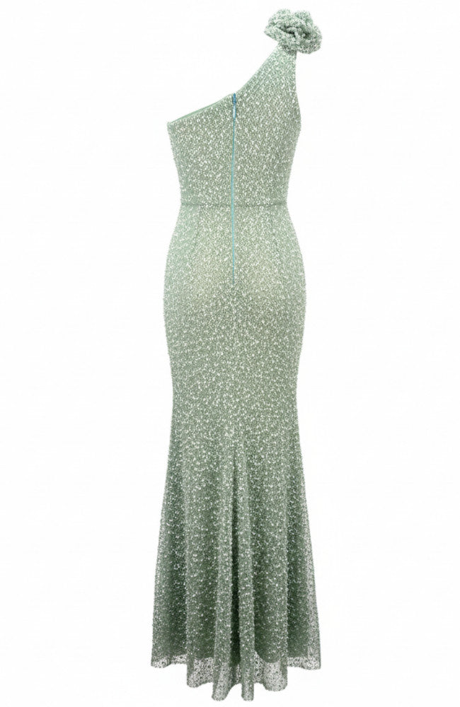 Floral One Shoulder Pearl Maxi Dress Green