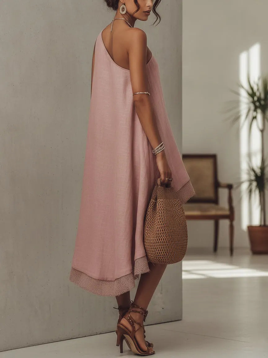 Solid pink one-shoulder midi dress with lace hem paneling