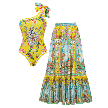Reversible One Shoulder Bougainvillea Print Swimsuit Set(s)