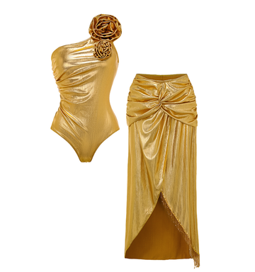 3D Flower Golden Fabric One Piece Swimsuit and Skirt Flaxmaker