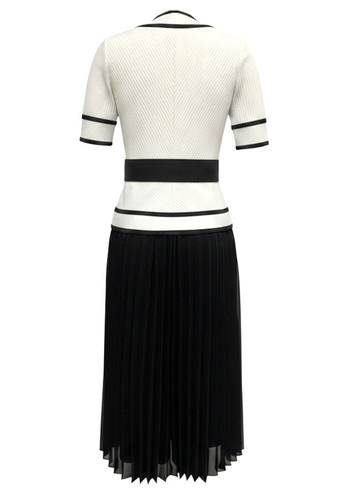 Short Sleeve Pleated Midi Dress Black White