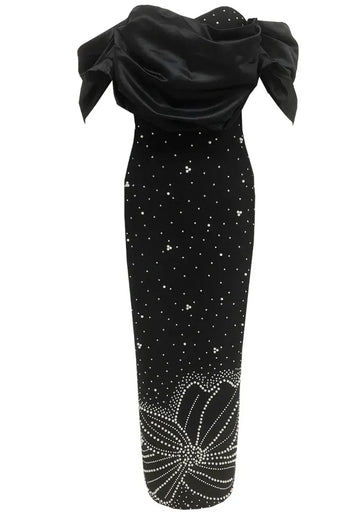 Draped Bardot Crystal Pearl Floral Maxi Dress Black