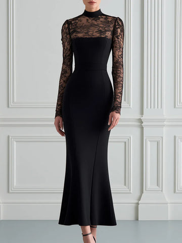 High-Neck Lace Panel Mermaid Maxi Dress
