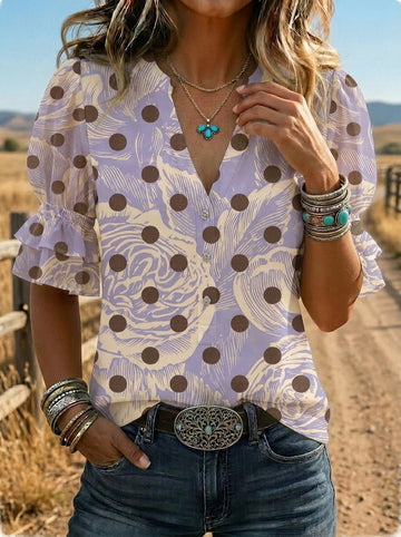Women's Retro Polka Dot Floral Puff Sleeve Casual Shirt