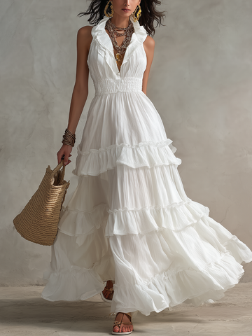 White Sleeveless Pleated Bohemian Long Dress With Ruffled Details