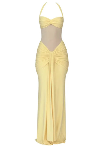 Halter Mesh Insert Draped Maxi Dress Yellow