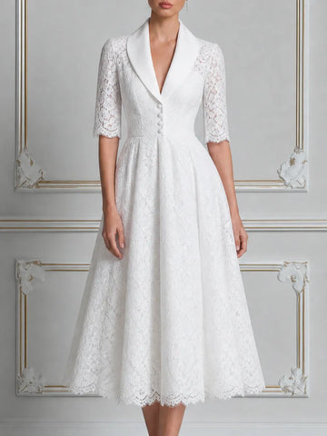 White Lace Shawl Collar Button Front A-Line Midi Dress