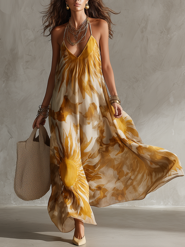 Elegant Floral Halter Maxi Dress