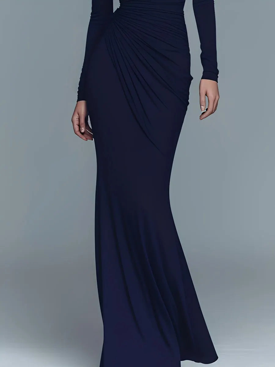 Women's Navy Elegant Stretch Polyester-Cotton Blend Turtleneck Draped Maxi Dress MDA1742J1I