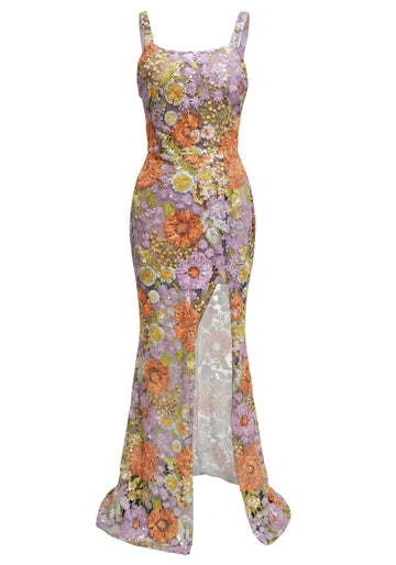 Floral Embroidered Maxi Dress Purple Green Orange