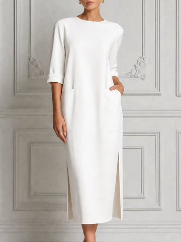 White Dress Stockholm Style Patch Pocket Slit Midi Dress