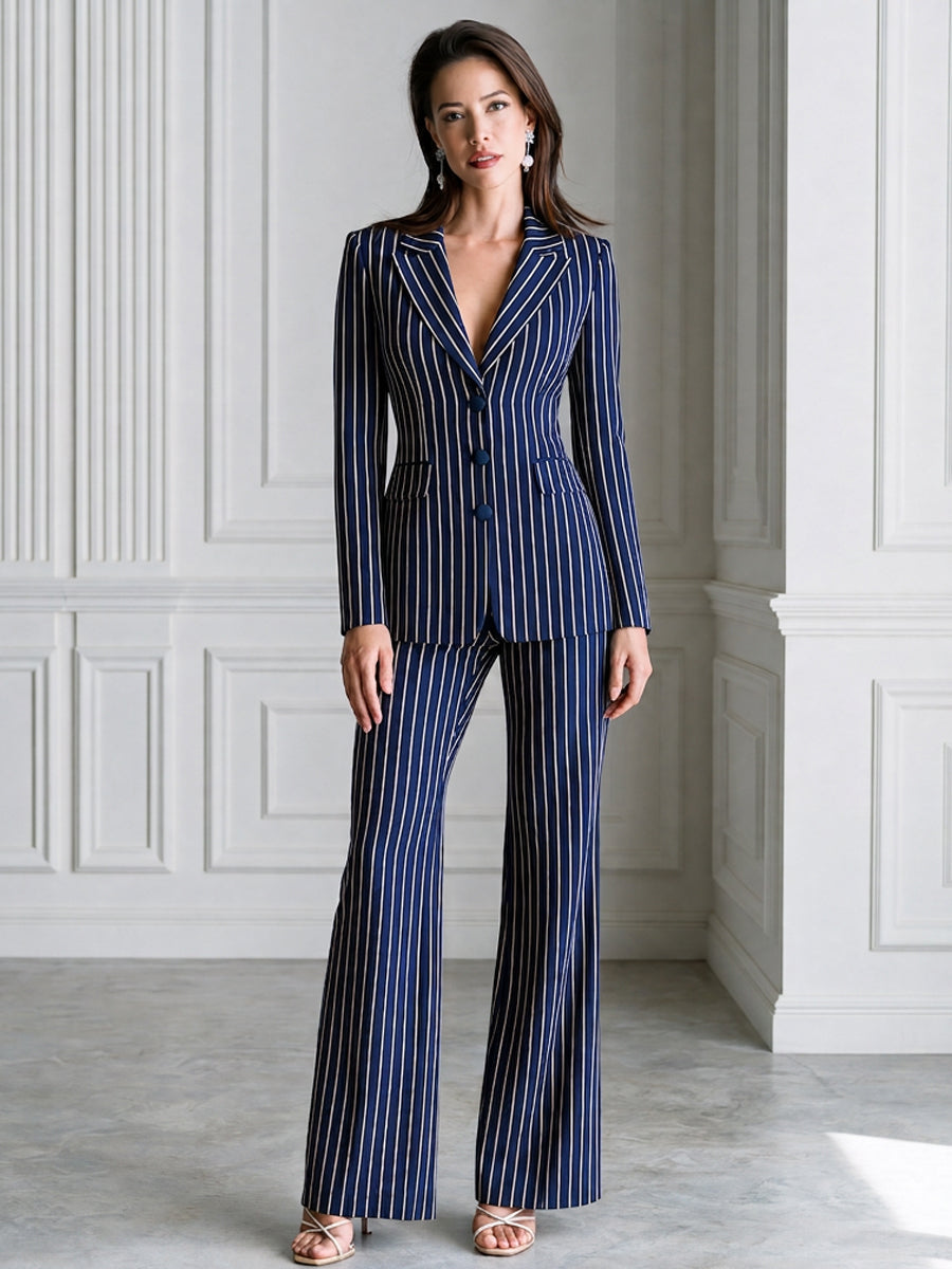 Vertical Stripe Notched Lapel Blazer & Flare Pants Suit