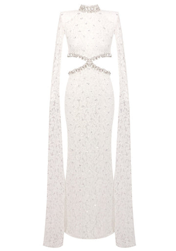 Cape Sleeve Crystal Lace Maxi Dress White