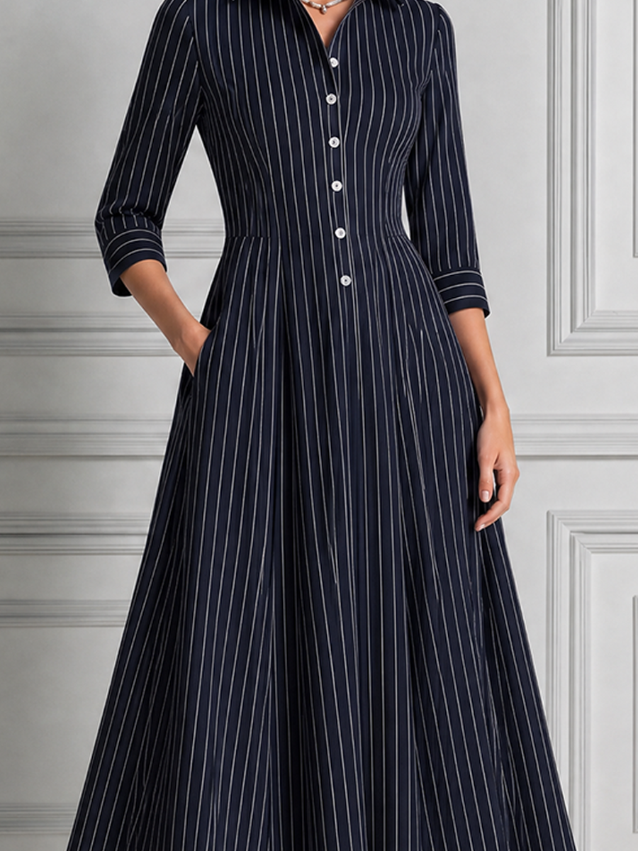 Navy Pinstripe Shirt Collar Button Front Pleated A-Line Midi Dress