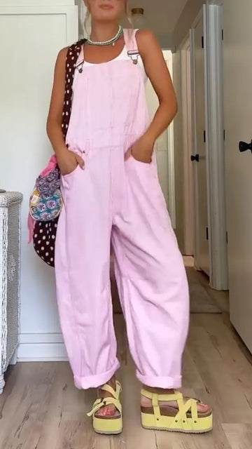 Pastel Pink Corduroy Loose Overalls