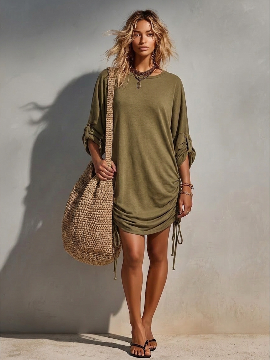 Women's Olive Green Cotton T-Shirt Dress With Side Ruched Drawstrings & Roll-Up Sleeves, Timeless Casual Beach Cover-Up MDZ2855D5LYL