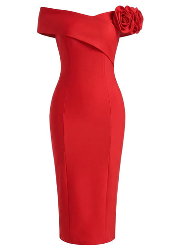 Floral Bardot Midi Dress Red