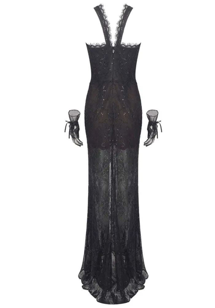 Halter Sequined Lace Corset Maxi Dress Black