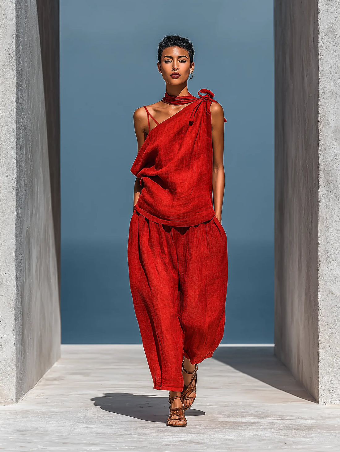 Women’s Red Linen-Blend Two-Piece Set: Asymmetrical One-Shoulder Top (Without Neck Scarf) & Wide-Leg Pants With Pockets MDZ2201D4T