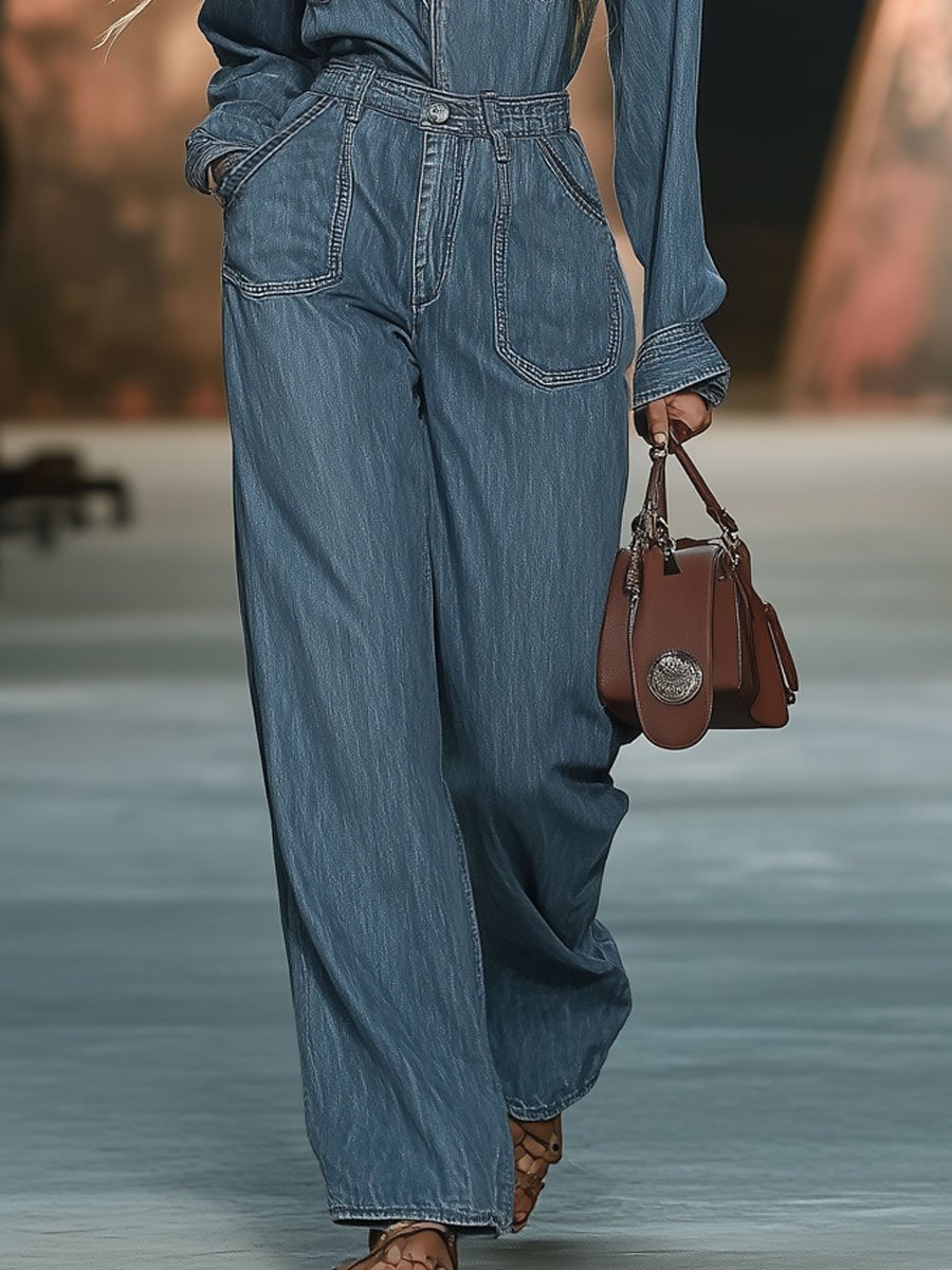 Women's Retro Botton Down Long-Sleeved Wide-Leg Denim Jumpsuit