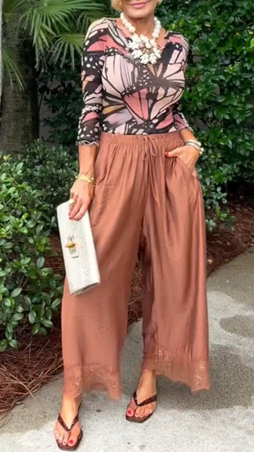 Butterfly Print Mesh Top & Lace Hem Satin Wide Leg Pants