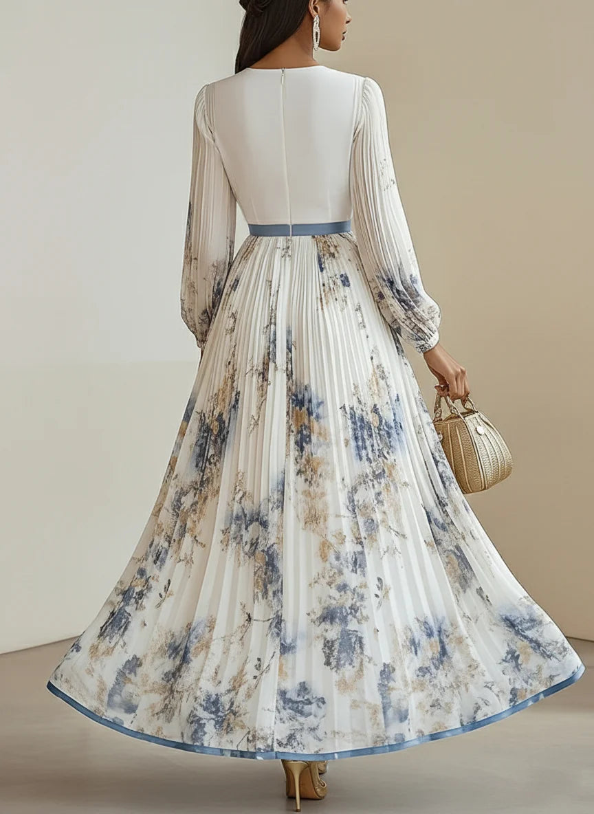 White Pleated Floral Chiffon V Neck Long Sleeve Balloon Sleeve A-Line Maxi Dress