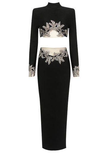 Long Sleeve Crystal Embellished Two Piece Maxi Dress Black