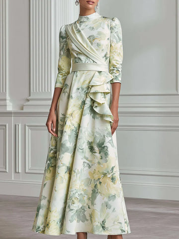 Watercolor Floral Print Ruffle Trim Acetate Satin Maxi Dress
