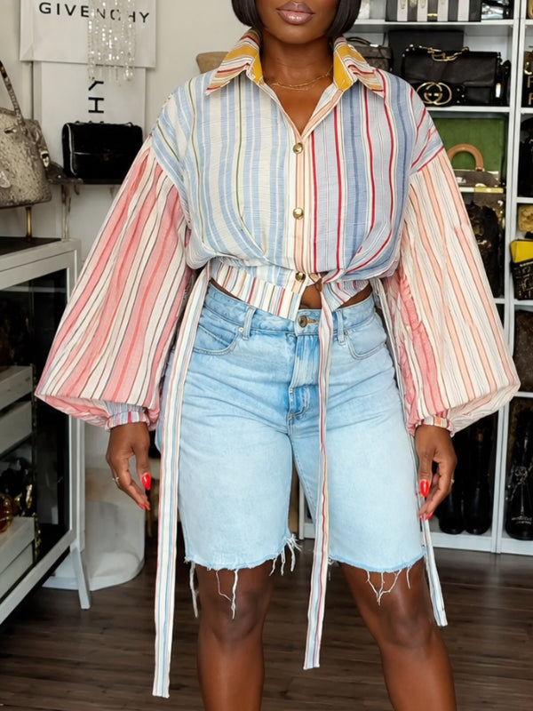 Striped Balloon Sleeve Wrap Tie Crop Blouse