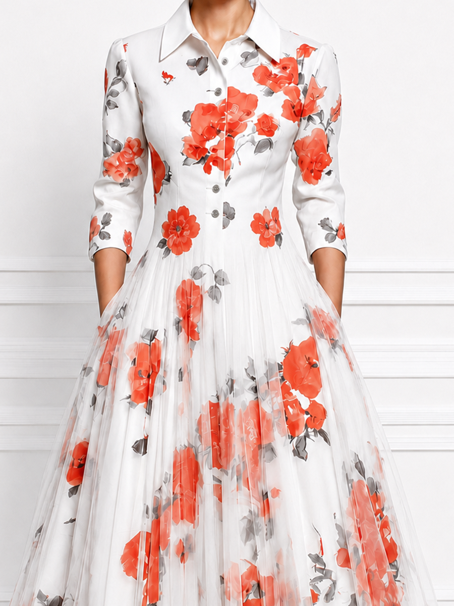 White Watercolor Red Floral Print Shirt Collar Pleated Tulle A-Line Midi Dress