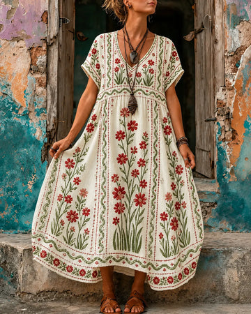 Women's Vacation Linen Boho Floral Print V-Neck Short Sleeve Maxi Dress