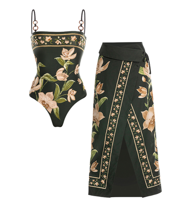 Embroidery Flower Printed One Piece Swimsuit and Sarong