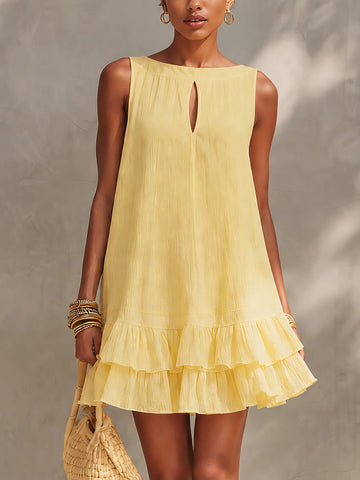 Yellow Textured Sleeveless Mini Dress With Ruffle Hem