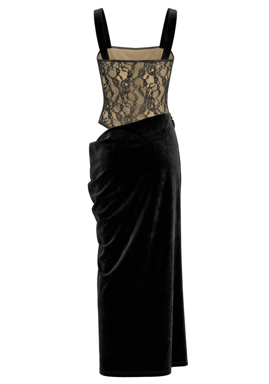 Lace Bustier Draped Maxi Velvet Dress Black