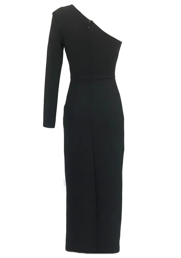 One Sleeve Floral Embellished Maxi Dress Black