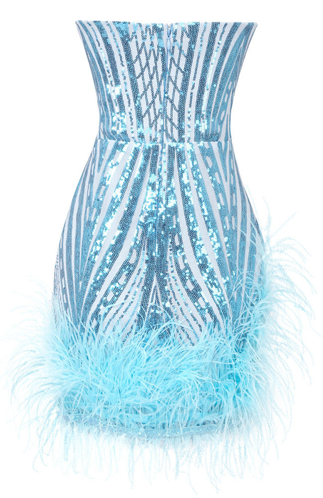 Strapless Sequin Crystal Feather Dress Blue