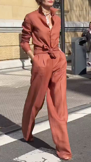 Women's Collared Cotton Linen Commuting Casual Suit