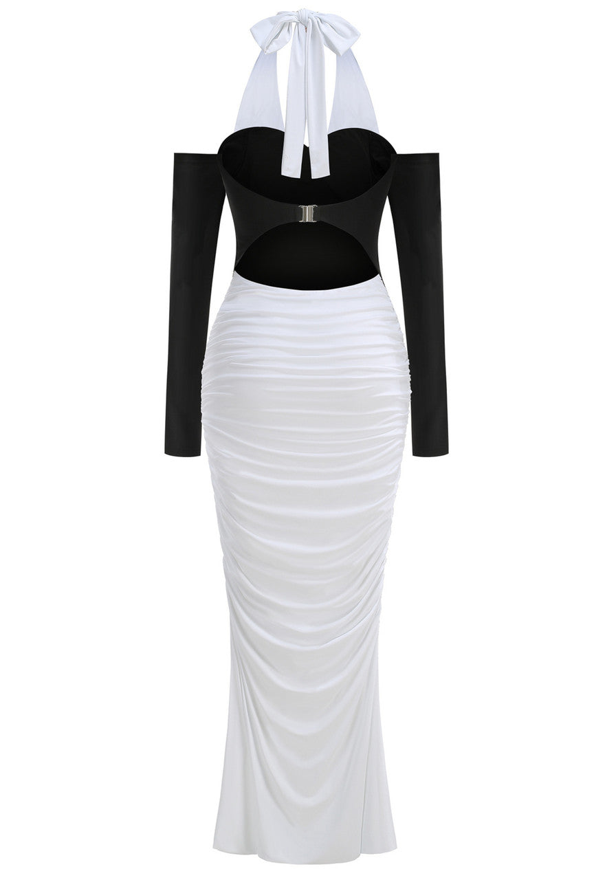 Halter Long Sleeve Draped Maxi Dress Black White
