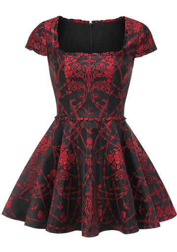 Short Sleeve Printed A Line Dress Black Red