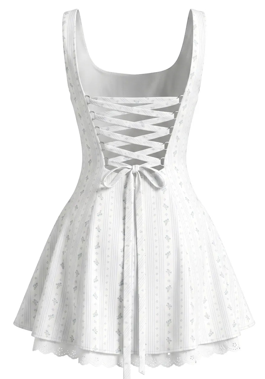 Floral A Line Corset Dress White Blue