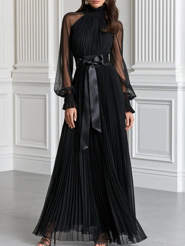 Pleated Sheer Long Sleeve Satin Belt Maxi Evening Dress