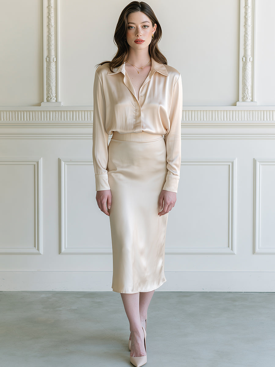 Satin Point-Collar Long-Sleeve Blouse & Bias-Cut Midi Skirt Two-Piece Set