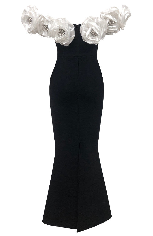 Crystal Detail Floral Bardot Maxi Dress Black White