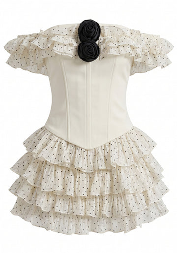 Ruffle Bardot Corset Two Piece Dress Ivory