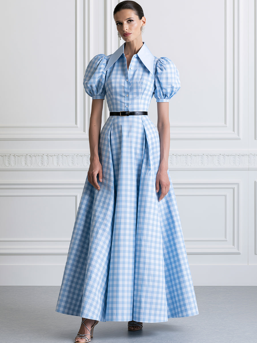 Gingham Check Puff Sleeve Maxi Shirt Dress with Belt