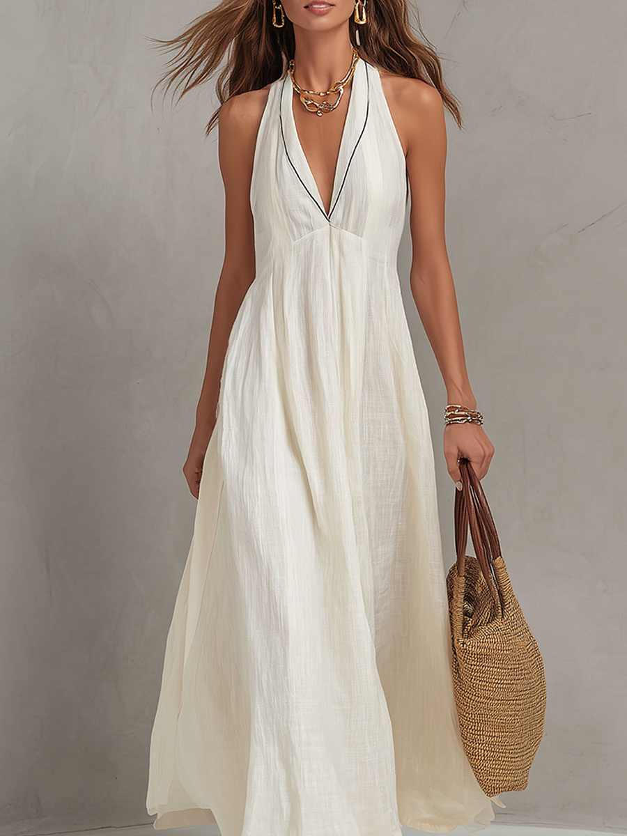 Minimalist Linen Halter Neck V Neck A Line Maxi Dress