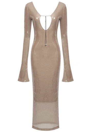 Long Sleeve Sequin Backless Midi Dress Nude