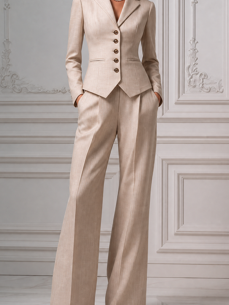 Champagne Beige Tailored Blazer & Wide Leg Trousers Set