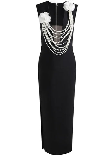 Floral Pearl Detail Maxi Dress Black
