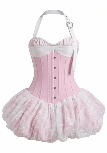 Halter Lace Bubble Corset Dress Pink White